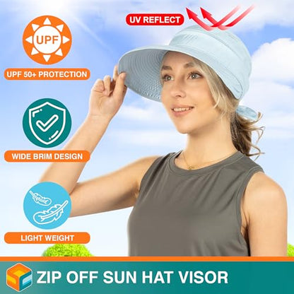 SUN CUBE Womens Sun Hat UV Protection Wide Brim Zip-Off Golf Visor - color: Light Blue