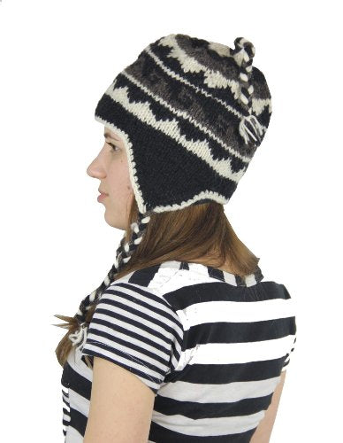 Nepal Hand Knit Ear Flaps Beanie Skull Ski 100% Wool Fleeced Hat/Cap - color: Natural