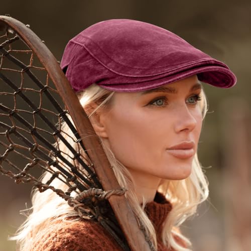 Initlove Mens Newsboy Cap Washed Beret Ivy Hat Flat Hats for Cabbie Driving - color: Wine Red