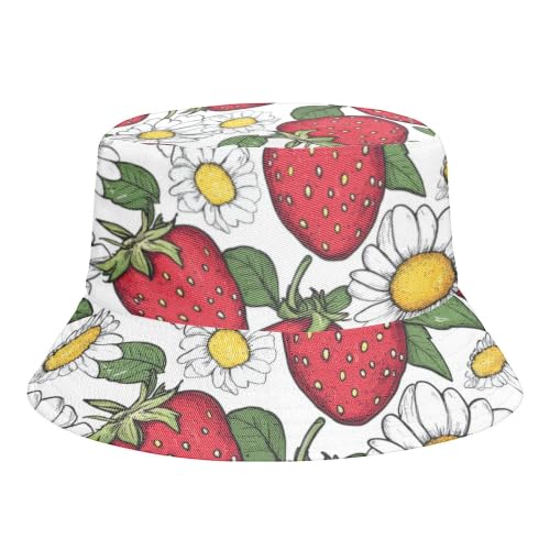 Reversible Bucket Hat for Women Men, Cotton Packable Summer Sun Hat, Double-Side-Wear Fisherman Cap for Beach Travel Hiking - color: Mz-strawberry2 Hat