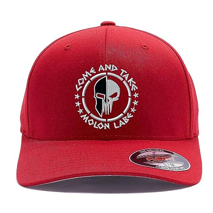 Spartan Skull Warrior Helmet Molon Labe/ΜΟΛΩΝ ΛΑΒΕ - Come and Take Embroidered Flex Fitted Baseball Hat - color: Red, size: Large-X-Large