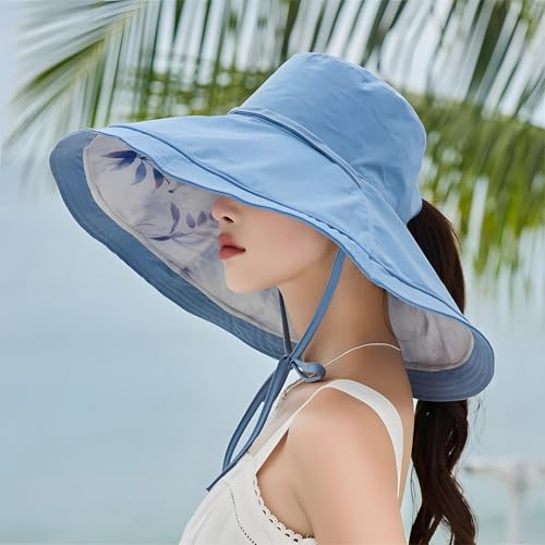 HUAMULAN Women Wide Brim Reversible Sun Hat Summer Beach Fishing Bucket - color: Blue
