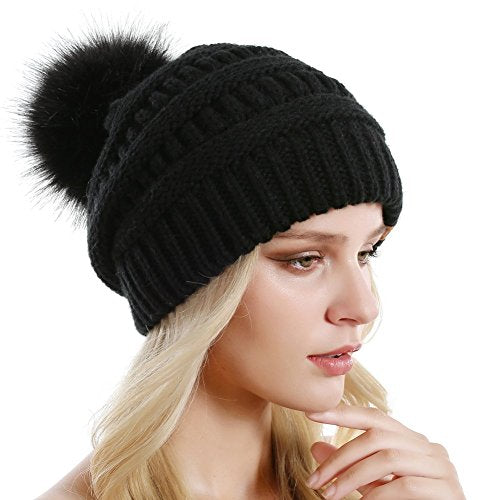Women Knit Slouchy Beanie Chunky Baggy Hat with Faux Fur Pompom Winter Soft Warm Ski Cap - color: A2-black
