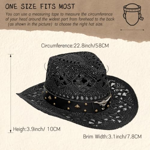 Straw Cowboy Hat for Women, Cowgirl Hat Wide Brim Western Cowboy Hat - color: Classic Black