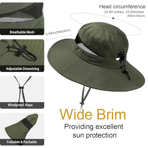 Bucket Sun Hat for Women Wide Brim Breathable Mesh UPF50+ Safari Hat Criss Cross Ponytail Hole Outdoor Rain Hat - color: Army Green