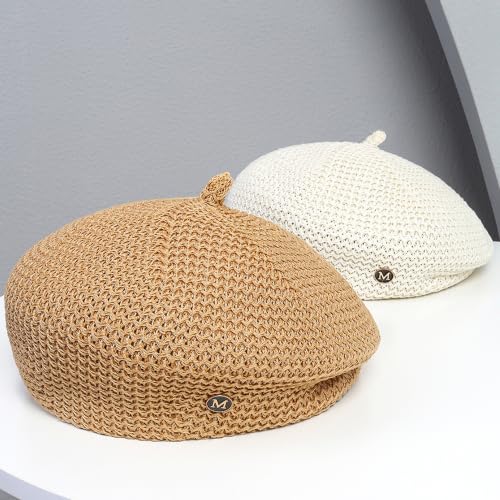 CLeemuzinN Women Summer Beret Hat Slouchy Crochet French Artist Caps Travel Beach Painters Hats Ladies Spring Fall - color: Ivory, size: Medium-Large