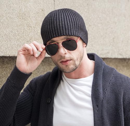 ZLYC Men Winter Knit Fisherman Beanie Hat Fashion Warm Daily Skull Cap - color: Solid Charcoal