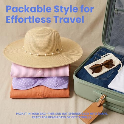 Funky Junque Wide Brim Panama Sun Hat, Womens Packable Straw - color: Pearl Trim - Natural Multi