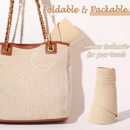 Chicingyou Sun Visor Hat for Women Wide Brim Straw Visors Beach Hat Ponytail UV UPF Packable Foldable Travel - color: Khaki