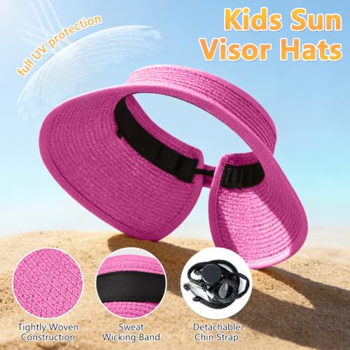 ZOORON Girls Straw Sun Visor Hat, Wide Brim Ponytail Beach Hat with Bow - color: Rose Red