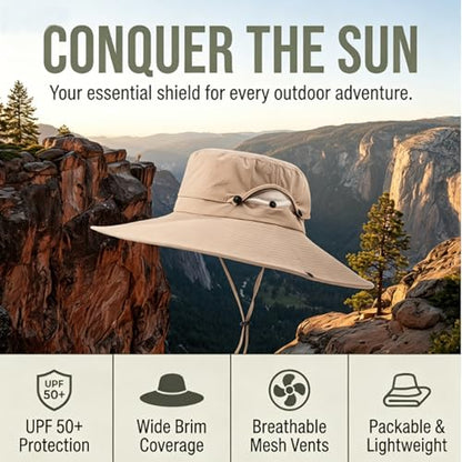 Fishing Sun Hat for Men UPF 50+ Wide Brim Boonie Hats for Summer - color: Khaki