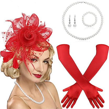 Yaomiao 5 Pcs 1920s Tea Party Accessories Fascinator Hat Gloves - color: Red