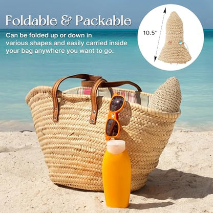 Beach Sun Hats for Women, Wide Brim Straw Hat, UPF 50+ UV Protection - color: Beige - Shell