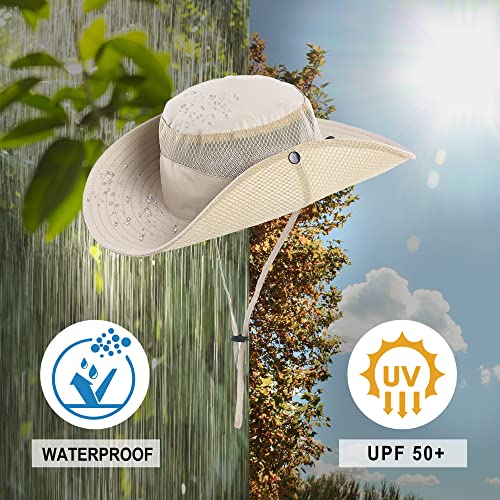 Mens Sun Hat Wide Brim Breathable Mesh UPF 50+ Waterproof Fishing Hat Safari Hat Foldable Boonie Cap - color: A-khaki