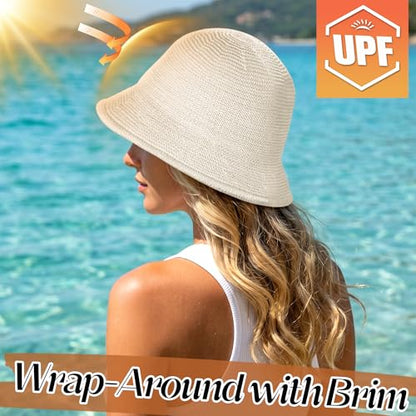 Babalet Summer Straw Beach Sun Hats for Women Packable Floppy Bucket Hat - color: White