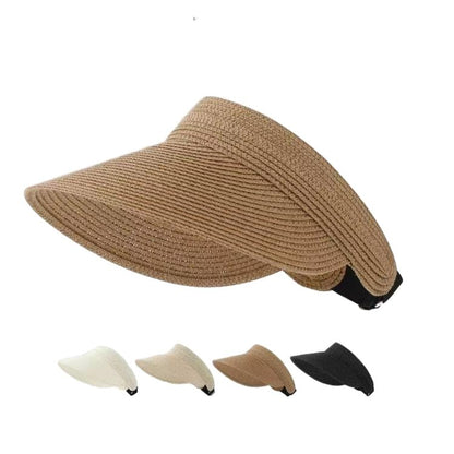 Women Foldable Straw Sun Visor, Packable Rollable Wide Brim Beach Hat, Adjustable Summer Visor for Travel Beach Golf - color: Khaki