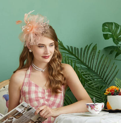 Fascinators Hat for Women Tea Party Headband Kentucky Derby Wedding Flower Cocktail Mesh Feathers Hair Clip - color: 1-champagne