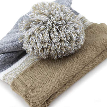Winter Knit Beanie Hat with Pom Pom – Warm Cuffed Slouch Ski Cap for Men & Women - color: 1.khaki and Grey With Pom