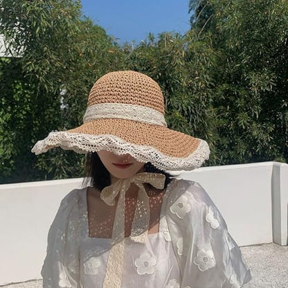 Women's Wide Brim Straw Sun Hat Beach Travel Bucket Hat Packable - color: Khaki