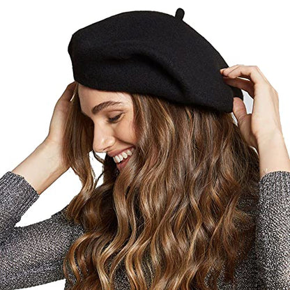 Womens Wool French Beret Chic Solid Beanie Hat Stretchable Classic Beret - color: Solid Black