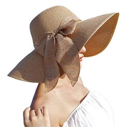 FSIGOM Women's Folable Floppy Hat,Wide Brim Sun Protection Straw Hat, Summer UV Protection Beach Cap - color: C1-f-khaki, size: Medium