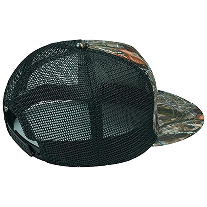 BASSDASH Flat Brim Trucker Cap Adjustable Snapback Hat Mesh Back for Men Women - color: Autumn Forest