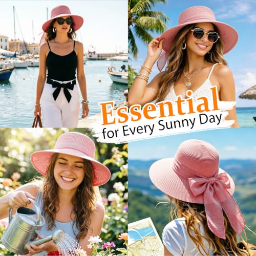 DRESHOW Sun Hats for Women Summer Wide Brim Beach Straw Hat Bowknot Bucket Hats Foldable Floppy Beach Sun Hat UPF 50+ - color: 1 Pack Bowknot Ribbon Hat: Pink