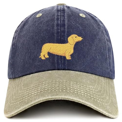 Trendy Apparel Shop Dachshund Embroidered Dog Theme Low Profile Dad Hat Cotton Cap - color: Navy Khaki