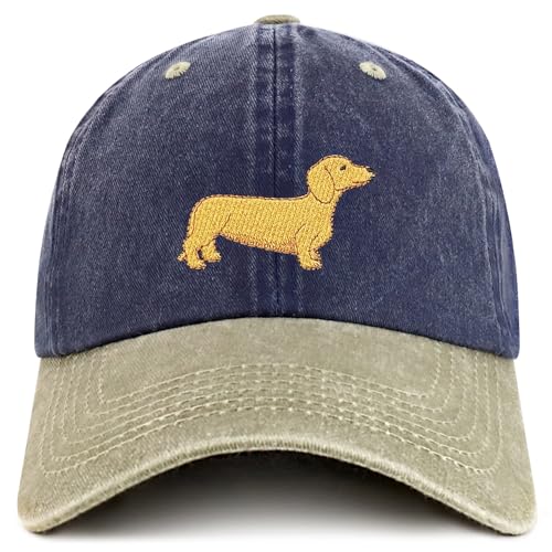 Trendy Apparel Shop Dachshund Embroidered Dog Theme Low Profile Dad Hat Cotton Cap - color: Navy Khaki