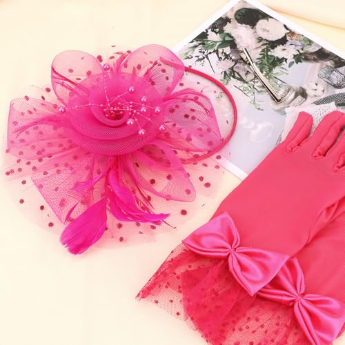 Womens Fascinators Hats and Gloves Set Short Lace Gloves Tea Party Flower Mesh Hair Clips - color: Hot Pink