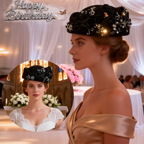 Petaluna Women's Flower Beret Suitable for Church Wearing Elegant Breathable Wedding Party Retro French Headdress - color: Black