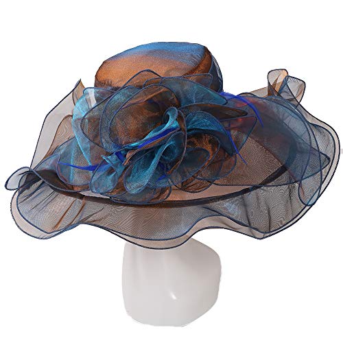 Women Oganza Sun Hat Church Wide Brim Wedding Formal Fascinator Hat - color: Blue & Coffee