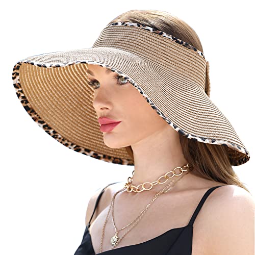 sy soul young Women's Straw Hat with Ponytail Hole Wide Brim Visor Sunhat - color: Khaki With Leopard