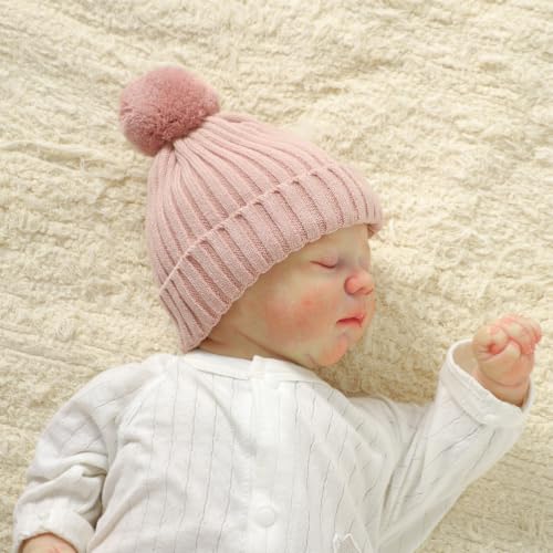 Baby Hats and Booties Set Newborn Knit Pompom Beanie Caps Shoes Winter - color: Pink