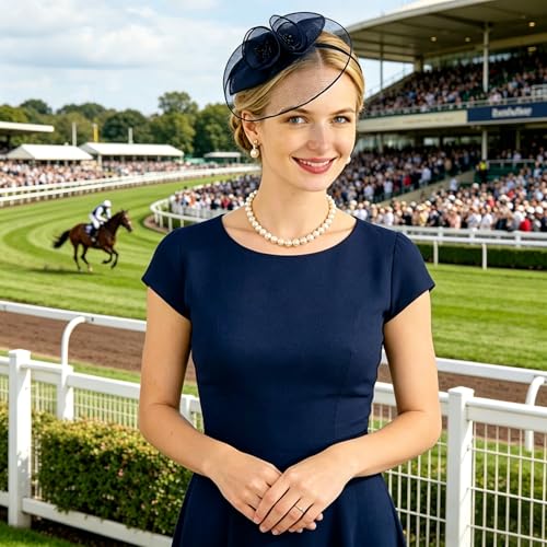 Fascinator Hat for Women Vintage Derby Hat Tea Party & Church Headpiece with Headband and Clip - color: Navy Blue