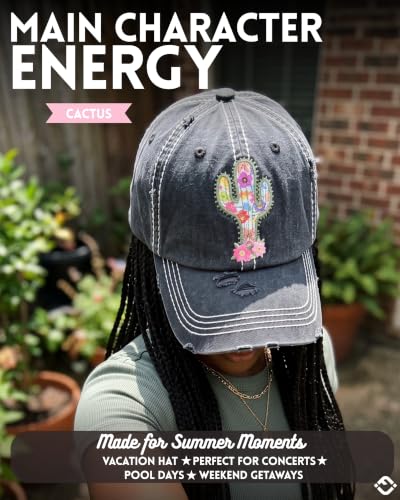 Funky Junque Distressed Baseball Cap, Vintage Embroidered Dad Hat - color: Cactus - Black