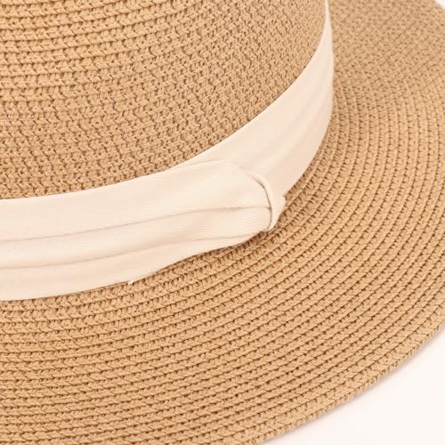 DRESHOW Women Straw Panama Hat Travel Fedora Beach Sun Hat Summer Wide Brim Straw Roll up Hats UPF 50+ - color: Fedora Hat: Kahki (Beige Ribbon)