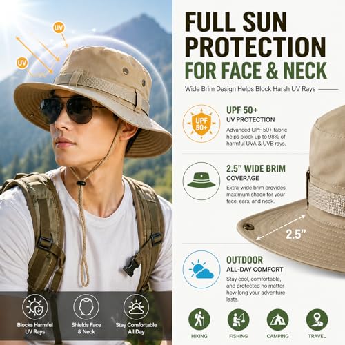 Taeku Sun Hat, Unisex Wide Brim Bucket Hat Sun Protection Cap Breathable Boonie Hat for Fishing Hiking Gardening Safari - color: Light Khaki