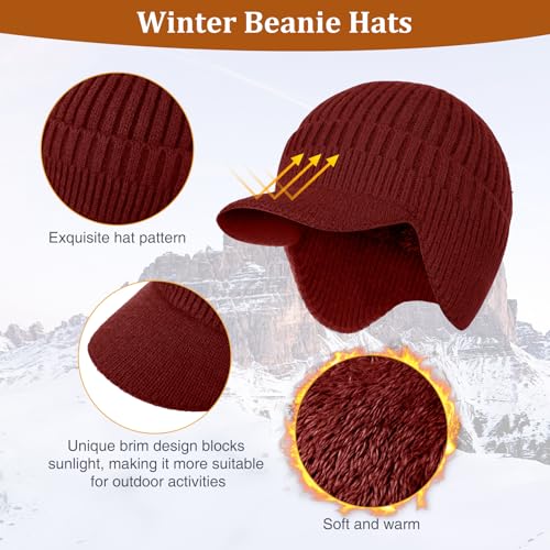 2Pack Men&Women Winter Warm Fleece-Lined Knit Beanie Hats with Brim & Ear Flaps for Cold Weather - color: Black+wine Red