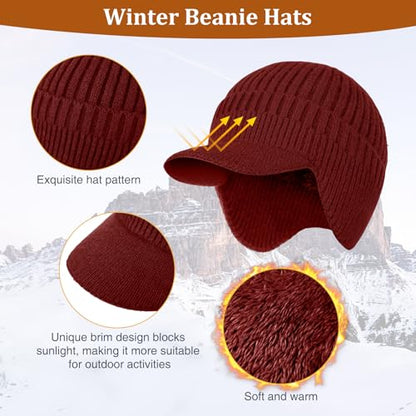 2Pack Men&Women Winter Warm Fleece-Lined Knit Beanie Hats with Brim & Ear Flaps for Cold Weather - color: Black+wine Red