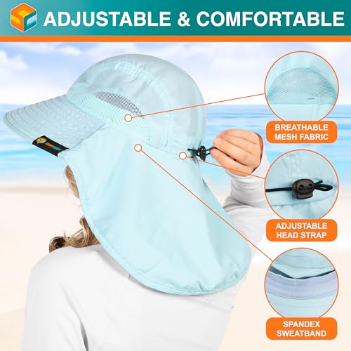 SUN CUBE Wide Brim Sun Hat with Neck Flap for Men Women, UPF50+ Fishing - color: Light Blue
