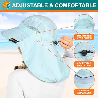 SUN CUBE Wide Brim Sun Hat with Neck Flap for Men Women, UPF50+ Fishing - color: Light Blue