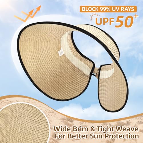 Sun Hats for Women Wide Brim Straw Sun Visors Ponytail Hat - color: Beige With Black
