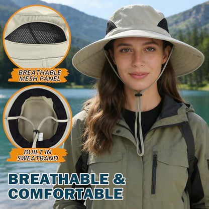 Wide Brim Sun Bucket Hat, Waterproof Boonie Hat for Men & Women - color: 01 Beige