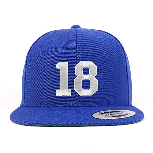 Trendy Apparel Shop Number 18 White Thread Embroidered Flat Bill Snapback Baseball Cap - color: Royal