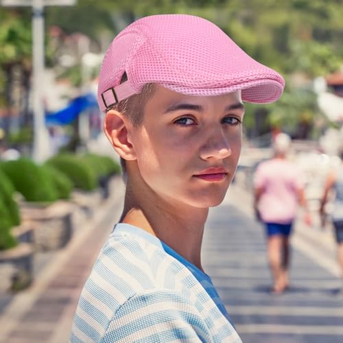 meioro Mens Breathable Mesh Summer Hat Adjustable Flat Cap Newsboy Beret Ivy Cap Irish Cabbie Fishing Hats - color: Pink