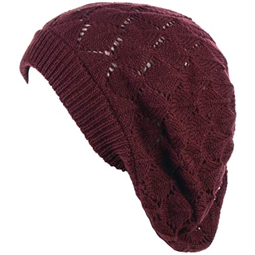 an Womens Lightweight Cut Out Knit Beanie Beret Cap Crochet Hat - Many Styles - color: 2681burg