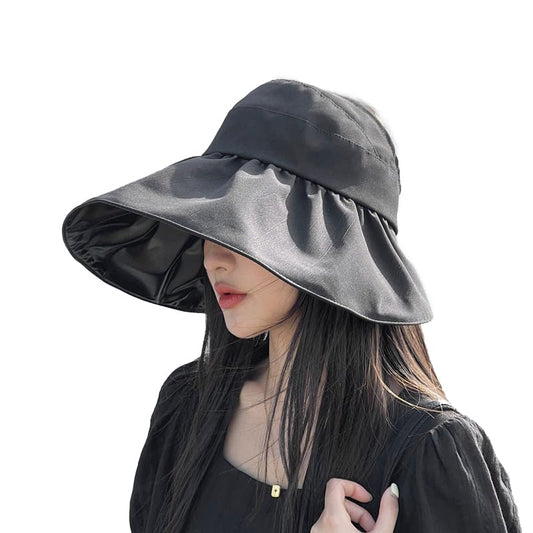 Sun Visor Hat for Women UPF 50+ Wide Brim Packable Ponytail Hat Shapeable UV Protection Shell Hat Roll-up Foldable Sun Hat - color: Black