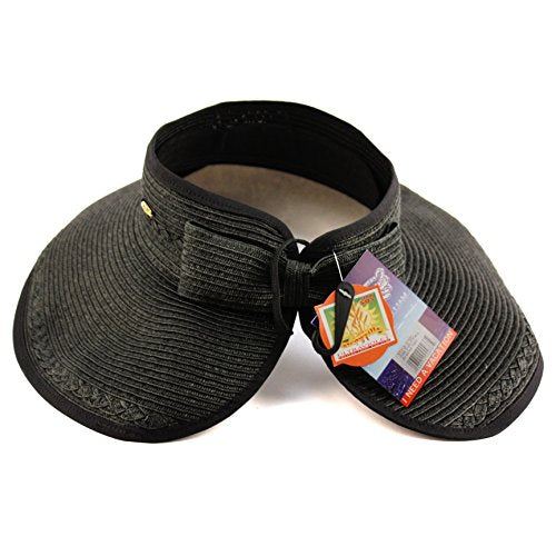Beach Roll-Up Beach Straw Sun Visor Hat with Bow - color: Black