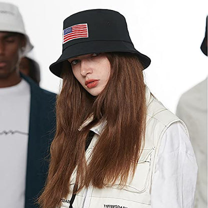 XYIYI Fashion Embroidery Bucket Hat Cotton Beach Fisherman Hats for Women Girls - color: American Flag Black